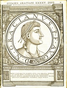 Gratianus, illustration from Imperatorum Romanorum Omnium Orientalium et Occidentalium Verissimae Imagines ex Antiquis Numismatis